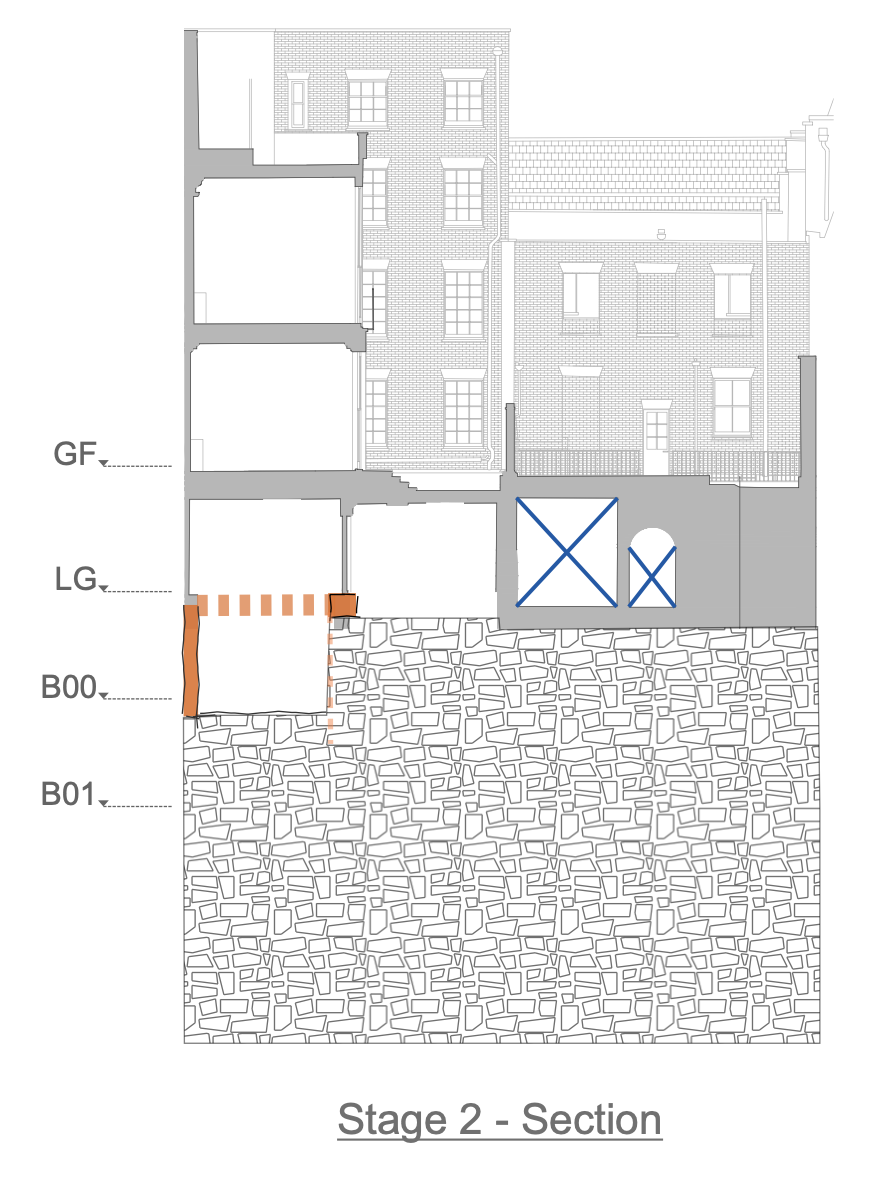 Stage 2: Underpin small areas of 49 Berkeley Square around the proposed lift shafts to B00 level. Then construct hand mined transfer slab between lift shafts and towards east.